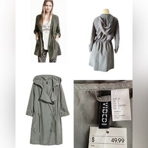 H&M Divided Women's 2 Army Green Full Zip Snap Hooded Parka Jacket Trench Coat